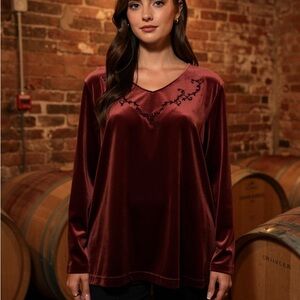 Bentley Elegant Burgundy Satin Blouse with Embroidery